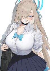 Rule 34 | 1girl, absurdres, asuna (blue archive), asuna (school uniform) (blue archive), bag, blonde hair, blue archive, blue bow, blue bowtie, blue eyes, blue halo, blue skirt, blush, bow, bowtie, breasts, choker, cleavage, collarbone, grin, hair over one eye, hair ribbon, halo, highres, large breasts, long hair, looking at viewer, pleated skirt, ribbon, satchi (sattytabunnhenn), school bag, scrunchie, shirt, skirt, sleeves rolled up, smile, solo, very long hair, white shirt, wrist scrunchie