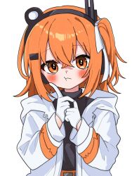 1girl a.i._voice adachi_rei black_shirt blush closed_mouth finger_to_cheek gloves hashtag-only_commentary headlamp highres hood hood_down hooded_jacket jacket long_sleeves looking_at_another medium_hair one_side_up open_mouth orange_eyes orange_hair shirt simple_background solo turtleneck upper_body utau vvv_fnk white_background white_gloves white_jacket
