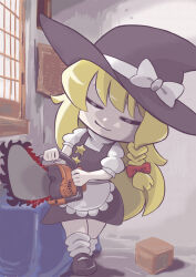 1girl apron black_hat black_shoes black_skirt black_vest blonde_hair bow braid chainsaw closed_eyes closed_mouth commentary_request cookie_(touhou) fine_art_parody frilled_apron frills full_body hair_bow hat holding holding_chainsaw indoors kirisame_marisa long_hair mary_janes parody puffy_short_sleeves puffy_sleeves red_bow shirt shoes short_sleeves side_braid single_braid skirt skirt_set smile socks solo standing star_(symbol) suzu_(cookie) the_milkmaid touhou tsuzuchii turtleneck turtleneck_shirt vest waist_apron white_apron white_shirt white_socks window witch_hat