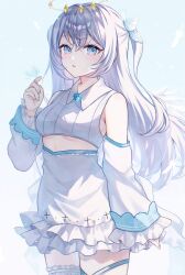 Rule 34 | 1girl, bare shoulders, blue background, blue eyes, blue ribbon, blush, breasts, clothing cutout, collared dress, commentary, commission, cowboy shot, detached sleeves, dress, frilled dress, frilled sleeves, frills, hair ribbon, hand up, highres, hiuzawa reira, ilis 0226, indie virtual youtuber, long hair, looking at viewer, parted lips, purple hair, ribbon, skeb commission, sleeveless, sleeveless dress, solo, symbol-only commentary, underboob, underboob cutout, virtual youtuber, white dress, white sleeves