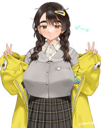 1girl black_hair blush braid breasts brown_hair closed_mouth coat collared_shirt conto cowboy_shot dot_mouth double_v dragon_quest earrings highres jewelry large_breasts long_hair long_sleeves looking_at_viewer mole mole_under_eye off_shoulder open_clothes open_coat original plaid_clothes plaid_skirt shirt simple_background skirt sleeves_past_wrists slime_(dragon_quest) solo stud_earrings thick_eyebrows twin_braids v white_background white_shirt
