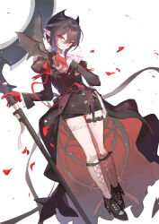 1girl absurdres animal arknights bat_(animal) black_boots black_hair black_jacket black_skirt boots brown_socks commentary_request dutch_angle earrings entelechia_(arknights) fold-over_boots hair_between_eyes high_heel_boots high_heels highres holding holding_scythe horns jacket jewelry juliet_sleeves kneehighs long_sleeves looking_at_viewer petals pointy_ears puffy_sleeves red_eyes sao7 scythe simple_background skirt smile socks solo white_background