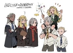 ... 2boys 4girls bags_under_eyes black_eyes black_robe blonde_hair blue_eyes blue_necktie blush carrying casting_spell cithis closed_eyes cowboy_shot crossed_arms dark-skinned_female dark_elf dark_skin dated diagonal-striped_clothes diagonal-striped_necktie dungeon_meshi elf english_text facial_mark fleki forehead_mark green_eyes green_necktie grey_hair gryffindor hair_over_one_eye hands_in_pockets harry_potter_(series) highres hogwarts_school_uniform holding holding_wand hooded_robe hufflepuff long_hair long_sleeves looking_at_viewer low_twintails lycion mithrun multiple_boys multiple_girls necktie notched_ear open_clothes open_mouth open_robe otta_(dungeon_meshi) parody pattadol pointy_ears ravenclaw red_necktie robe scarf school_uniform shirt short_hair shoulder_carry shuangshuanghao simple_background skirt slytherin smile spoken_ellipsis striped_clothes striped_necktie striped_scarf sweatdrop twintails upper_body very_short_hair wand white_background white_shirt wizarding_world yellow_necktie