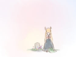 10s 1girl dragon_girl dragon_horns dragon_tail female_focus flower frills grave hair_ornament horns kobayashi-san_chi_no_maidragon large_tail long_hair maid peimu solo tail tohru_(maidragon) tombstone twintails