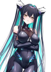 1girl absurdres aqua_hair arms_under_breasts bare_shoulders black_bodysuit black_hair blush bodysuit breasts closed_mouth cone_hair_bun covered_navel cowboy_shot crossed_arms detached_sleeves goddess_of_victory:_nikke hair_bun highres honeycomb_(pattern) impossible_bodysuit impossible_clothes iznal large_breasts little_mermaid_(nikke) long_hair long_sleeves looking_at_viewer multicolored_hair neon_trim solo twintails two-tone_hair very_long_hair yellow_eyes