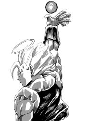 Rule 34 | absurdres, arm up, dragon ball, dragonball z, from behind, gogeta, grey background, greyscale, halo, highres, metamoran vest, monochrome, muscular, muscular male, nishitakuart, simple background, spiked hair, super saiyan, super saiyan 1, upper body
