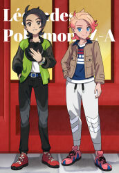 2boys ahoge asatsuki_(fgfff) belt black_hair black_hat black_pants blue_belt blue_eyes blue_shirt bracelet brown_eyes brown_jacket closed_mouth commentary_request copyright_name day green_jacket hat highres jacket jewelry looking_at_viewer male_focus multiple_boys nintendo outdoors pants paxton_(pokemon) pink_shoes pokemon pokemon_legends:_z-a red_shoes shirt shoes smile standing teeth urbain_(pokemon)