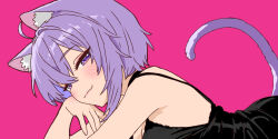 1girl :3 ahoge animal_ear_fluff animal_ears bare_arms black_dress blush cat_ears cat_girl cat_tail closed_mouth dr._junyaman dress from_side half-closed_eyes hololive lying medium_hair nekomata_okayu on_stomach pink_background purple_eyes purple_hair sketch sleeveless sleeveless_dress solo tail