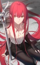 1girl absurdly_long_hair alwin_(hime_kishi-sama_no_himo) black_pantyhose black_skirt collared_shirt commentary_request green_eyes hair_between_eyes highres hime_kishi-sama_no_himo long_hair looking_at_viewer mashima_saki_(mashimasa) pantyhose planted planted_sword planted_weapon red_hair shadow shirt sitting skirt solo sword very_long_hair weapon white_shirt yokozuwari