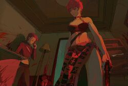 1girl 2boys asymmetrical_skirt bare_shoulders black_pants black_tank_top blood blood_on_clothes blood_on_hands blood_on_leg blood_on_wall blood_splatter blurry checkered_clothes checkered_skirt chinese_commentary cleavage_cutout clothing_cutout commentary_request corded_phone corpse crop_top death depth_of_field father_and_daughter front_slit green_eyes gun half-closed_eyes highres holding holding_gun holding_phone holding_weapon horror_(theme) jojo_no_kimyou_na_bouken lamp leaning long_hair math midriff multiple_boys navel pants perspective phone pink_hair red_theme ribbed_sweater sang_(3soun) shaded_face short_hair side_slit skirt spoilers sweater talking_on_phone tank_top thighs trish_una turtleneck turtleneck_sweater vento_aureo vinegar_doppio weapon