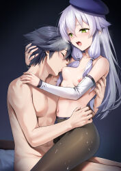 1boy 1girl absurdres altina_orion beret black_hair black_pantyhose blue_hat breast_sucking breasts closed_eyes clothed_female_nude_male clothed_sex commentary_request commission couple detached_sleeves eiyuu_densetsu green_eyes hair_between_eyes hat henria hetero highres hug kai_no_kiseki kuro_no_kiseki_(series) long_hair nipples nude open_mouth pantyhose rean_schwarzer sex short_hair skeb_commission small_breasts tongue white_sleeves