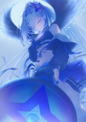 1girl amane_kanata amane_kanata_(lock_on) belt black_choker black_jacket black_sports_bra bloom blue_hair blue_halo blue_trim blue_wings braid braided_bangs breasts choker closed_eyes closed_mouth colored_eyelashes criss-cross_straps earrings gradient_wings grey_hair guuuuuu41 half-skirt halo hand_on_own_chest highleg highleg_panties highres holding holding_megaphone hololive jacket jewelry light_smile long_hair megaphone messy_hair mini_wings multicolored_hair multicolored_wings navel official_alternate_costume open_clothes open_jacket panties panty_straps ponytail shorts single_earring single_hair_intake small_breasts solo sports_bra star_halo stomach_tattoo streaked_hair tassel tassel_earrings tattoo underwear virtual_youtuber white_belt wings