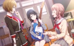 Rule 34 | 3girls, :d, ^ ^, black hair, black jacket, black skirt, blurry, blurry foreground, brown hair, cardigan, chalkboard, classroom, closed eyes, colorful palette, cymbals, desk, drum, drum set, dutch angle, game cg, grey eyes, grey serafuku, grey skirt, guitar, holding, holding guitar, holding instrument, hoshino ichika (project sekai), instrument, jacket, leo/need meiko, looking at another, meiko (vocaloid), mochizuki honami, multiple girls, nail polish, neckerchief, necktie, official art, open cardigan, open clothes, open jacket, open mouth, pink necktie, pleated skirt, profile, project sekai, red nails, red neckerchief, sailor collar, school uniform, serafuku, skirt, sliding doors, smile, third-party source, tongue, vocaloid, white sailor collar, yellow cardigan, yureru mama demo kimi wa mae e (project sekai)