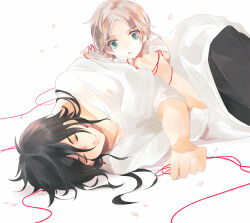 2boys black_hair black_pants blue_eyes character_request commentary_request cowboy_shot expressionless eyes_visible_through_hair falling_petals frown grey_hair hair_spread_out holding holding_another&#039;s_arm holding_string long_hair long_sleeves looking_at_another lying magi_the_labyrinth_of_magic male_focus multiple_boys on_side open_mouth pants petals shirt short_hair short_sleeves simple_background sleeping string string_around_arm string_of_fate t-shirt thick_eyebrows three-quarter_sleeves tinnybunny24 white_background white_shirt yaoi