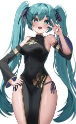 Rule 34 | 1girl, absurdres, aqua eyes, aqua hair, arm tattoo, bare shoulders, black dress, black sleeves, blue ribbon, blush, breasts, china dress, chinese clothes, covered navel, detached sleeves, dress, gold trim, hair between eyes, hair ribbon, hand up, hands on own hips, hatsune miku, highres, long hair, looking at viewer, medium breasts, nannanana3939, number tattoo, open mouth, panties, pelvic curtain, ribbon, side-tie panties, simple background, sleeveless, sleeveless dress, smile, solo, standing, tattoo, twintails, underwear, v, very long hair, vocaloid, white background, wide sleeves