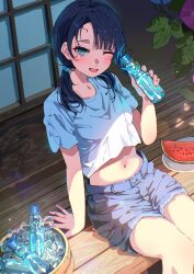 1girl :d aqua_eyes arm_support black_hair blue_shorts blush bottle bucket denim denim_shorts food fruit highres holding holding_bottle ice ice_cube leaf looking_at_viewer navel one_eye_closed open_mouth original outdoors plate ramune sakatsuki_yakumo shirt short_sleeves shorts shouji sitting sliding_doors smile solo summer sweat twintails veranda watermelon watermelon_slice white_shirt