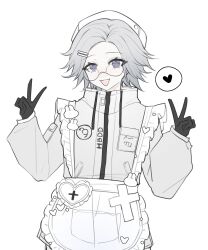 1boy aotsuki_eito apron crossdressing cup glasses gloves grey_hair hair_ornament hairpin hat heart highres holding holding_cup jacket male_focus nurse_cap open_mouth purple_eyes round_eyewear short_hair smile solo spoken_heart tenshi_kaiwai the_hundred_line_-last_defense_academy- x1656432151