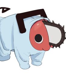 Rule 34 | absurdres, blue pajamas, chainsaw, chainsaw man, creature, creature focus, goldenpenhd, highres, no humans, pajamas, simple background, tail, white background
