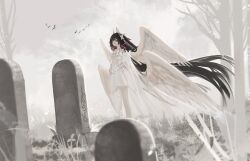1girl absurdly_long_hair angel_wings artist_name bandaged_leg bandages bird black_hair blunt_bangs blunt_ends bow butterfly_hair_ornament closed_eyes closed_mouth columbina_(genshin_impact) detached_sleeves dress facing_to_the_side feathered_wings genshin_impact grass hair_ornament hair_ribbon head_wings highres long_hair monochrome_background multicolored_hair multiple_wings red_hair ribbon see-through_clothes see-through_sleeves solo standing streaked_hair tombstone tress_ribbon very_long_hair white_bow white_dress white_ribbon white_sleeves white_wings wings wrist_bow yumicowyvern