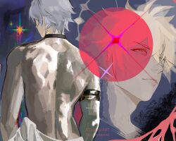 Rule 34 | 1boy, armlet, atlasxart, back, black choker, blue eyes, choker, closed mouth, commentary, cropped shoulders, crossed bangs, highres, honkai: star rail, honkai (series), jewelry, looking ahead, male focus, parted bangs, phainon (honkai: star rail), red circle, short hair, topless male, watermark, white hair