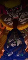 beard blue_jacket claws dr._stone evil_smile facial_hair gold_necklace green_hair hat ibara_(dr._stone) ishigami_senkuu jacket necklace open_mouth red_background red_eyes scared smile teeth