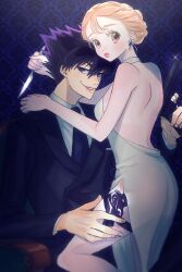 1boy 1girl bare_legs black_suit blue_lock couple dress earrings formal_clothes garter_straps gun hair_bun highres holding holding_gun holding_knife holding_weapon hug jewelry karasu_tabito knife m15391599 orange_eyes orange_hair parted_bangs suit weapon white_dress