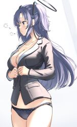 1girl absurdres adjusting_clothes black_halo black_jacket black_panties blue_archive blue_eyes blue_hair breasts cleavage commentary_request halo highres jacket long_hair medium_breasts ogura_toast panties thighs underwear yuuka_(blue_archive)