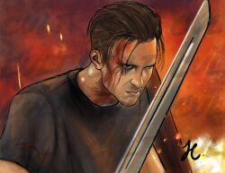1boy blood blood_on_face fire grey_shirt highres looking_at_viewer naughty_dog rafe_adler serious shirt source_request sword uncharted weapon