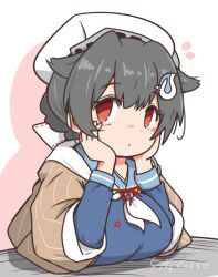 1girl bandana blue_sailor_collar blue_serafuku blue_shirt breasts brown_shawl curse_(023) hair_flaps hair_ornament hands_on_own_face headgear jingei_(kancolle) kantai_collection large_breasts neckerchief one-hour_drawing_challenge sailor_collar school_uniform serafuku shawl shirt solo table whale_hair_ornament white_bandana white_neckerchief