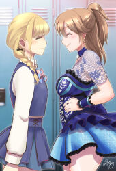 2girls catfight commission fujita_kotone gakuen_idolmaster hanabusa_(xztr3448) hayasaka_mei highres idolmaster idoly_pride locker locker_room multiple_girls pixiv_commission smile tagme wrestling