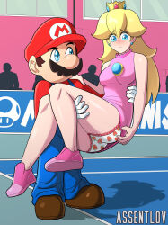 1boy 1girl ass assentlov blonde_hair blue_eyes blush breasts brooch brown_hair carrying carrying_person crown earrings embarrassed facial_hair frown gloves hat highres jewelry legs long_hair looking_at_another mario mario_(series) mario_tennis mustache nintendo overalls panties pink_skirt princess_carry princess_peach shiny_skin skirt standing underwear upskirt wardrobe_malfunction