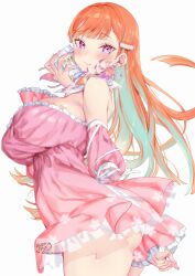 Rule 34 | 1girl, absurdres, arm behind back, bare shoulders, blush, bottle, breasts, cherry blossom print, cleavage, closed mouth, colored inner hair, commentary, detached sleeves, dress, earrings, english commentary, feather earrings, feathers, floral print, floral print dress, frilled dress, frilled sleeves, frills, from side, gradient hair, green hair, hand up, highres, holding, holding bottle, hololive, hololive english, jewelry, kamiya maneki, large breasts, long hair, long sleeves, looking at viewer, multicolored hair, official alternate costume, official alternate hairstyle, orange hair, perfume (takanashi kiara), perfume bottle, pink dress, pink sleeves, purple eyes, short dress, simple background, sleeveless, sleeveless dress, smile, solo, strapless, strapless dress, swept bangs, takanashi kiara, takanashi kiara (perfume), virtual youtuber, white background