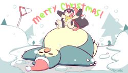 1girl animated animated_gif arms_up artist_name black_eyes black_hair blush christmas claws creatures_(company) diives english_text extra_mouth fangs feet full_body furry game_freak gen_1_pokemon gen_3_pokemon hat lying mawile nintendo on_back open_mouth outdoors pokemon pokemon_(creature) pokemon_rgby pokemon_rse red_headwear santa_hat scarf signature sitting sitting_on_person sleeping smile snorlax snow snowing spread_legs teeth text_focus tree white_background yellow_neckwear