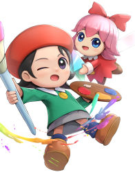 2girls adeleine blue_eyes brush fairy fairy_wings gonzarez highres holding holding_paintbrush kirby_(series) kirby_64 multiple_girls nintendo paintbrush painting_(action) paint_palette ribbon_(kirby) simple_background white_background wings