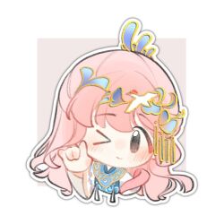 &gt;_o 1girl \m/ bird bird_hair_ornament blue_collar blue_hanfu brown_eyes chibi chinese_clothes chinese_commentary closed_mouth collar commentary_request crane_(animal) cropped_torso grey_background hair_bun hair_ornament hanfu happy huizi light_blush long_hair long_sleeves looking_at_viewer nikki_(nikki) nikki_(series) one_eye_closed outline pink_hair second-party_source sidelocks single_side_bun smile solo swept_bangs tareme two-tone_background very_long_hair wavy_hair white_background white_outline white_sleeves wide_sleeves yunjian