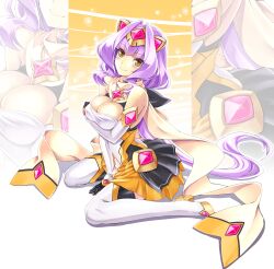 1girl absurdres azarin_(kouyoku_senki_exs-tia) bare_shoulders between_legs black_gloves boots breasts cleavage clothing_cutout elbow_gloves exs-tia_magica full_body gem gloves hair_intakes hand_between_legs highres inoino kouyoku_senki_exs-tia large_breasts long_hair looking_at_viewer magical_girl procreate_(medium) purple_hair scarf sitting skirt smile solo thigh_boots thighhighs very_long_hair wariza white_gloves white_thighhighs yellow_eyes zoom_layer