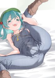 1girl :d absurdres areola_slip bare_shoulders bed_sheet blue_hair blue_overalls boots breasts brown_boots collarbone colored_eyelashes denim denim_overalls green_eyes green_hair hair_between_eyes hair_bobbles hair_ornament half-closed_eyes hat highres kawashiro_nitori key leg_up looking_at_viewer lying medium_breasts medium_hair naked_overalls no_bra on_back open_mouth overalls sideboob smile solo spread_legs suspenders sweat teeth touhou two_side_up upper_teeth_only yazato_ichimushi