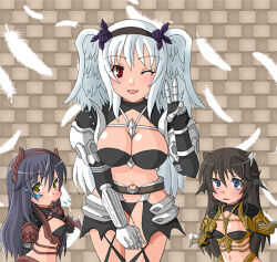 3girls arm_blade armor bikini_armor black_hair black_wings blue_eyes blush breasts brown_background cleavage commentary_request cowboy_shot feathered_wings gauntlets guillotine_cross_(ragnarok_online) head_wings large_breasts long_hair looking_at_viewer medium_breasts monou0135 multiple_girls navel one_eye_closed open_mouth pauldrons ragnarok_online red_armor red_eyes shoulder_armor shrug_(clothing) smile v weapon white_hair wings yellow_eyes