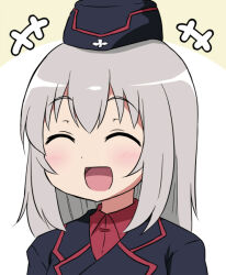 Rule 34 | 1girl, ^ ^, black hat, black jacket, blush, closed eyes, garrison cap, girls und panzer, grey hair, hair between eyes, happy, hat, itsumi erika, jacket, kuromorimine military uniform, medium hair, open mouth, portrait, red shirt, shirt, simple background, smile, solo, super masara, tagme, two-tone background