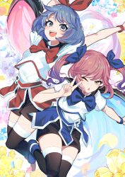 2girls :d absurdres akagi_(sk0127aho) arms_up black_cape black_shorts black_thighhighs blue_bow blue_cape blue_eyes blue_hair blue_shoes blue_skirt blush bow breasts cape colorful_background commentary english_commentary floral_background flower hair_ornament hand_up highres long_hair looking_at_viewer multiple_girls omega_ray omega_rio omega_sisters omega_symbol one_eye_closed open_mouth petals pink_cape pink_hair red_bow red_skirt shirt shoes short_hair short_sleeves shorts shorts_under_skirt siblings sisters skirt smile teeth thighhighs twintails two-tone_cape upper_teeth_only v virtual_youtuber white_shirt yellow_eyes