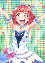 1girl anzai_miyako arm_garter armpits arms_up blue_eyes blush confetti display_board dress idolmaster idolmaster_cinderella_girls idolmaster_cinderella_girls_starlight_stage jewelry necklace official_alternate_costume orange_hair short_hair smile solo starry_sky_bright_(idolmaster) teeth tiara upper_teeth_only white_dress yagyuu_hato