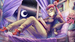 1girl black_shirt breasts buttons colored_skin commentary commission crescent_moon curtains eyelashes flower full_body gensox glasses hair_bobbles hair_ornament indoors light_particles long_hair long_sleeves moon moondancer multicolored_hair my_little_pony my_little_pony:_equestria_girls my_little_pony:_friendship_is_magic night night_sky pants personification pink_flower purple_eyes purple_hair rectangular_eyewear red_hair red_shoes shirt shoelaces shoes sky solo star_(sky) starry_sky turtleneck two-tone_hair vase window yellow_skin