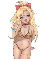 Rule 34 | 1girl, absurdres, animal print, bikini, blonde hair, blue eyes, bow, breasts, brown bikini, cleavage, collarbone, commission, cowboy shot, dark-skinned female, dark skin, eyeshadow, fang, female focus, fingernails, gyaru, hair bow, hand up, highres, large breasts, leopard print, leopard print bikini, long fingernails, long hair, looking at viewer, makeup, meemz a, multicolored bikini, nail polish, navel, open mouth, original, ponytail, red bow, red eyeshadow, red nails, simple background, sitting, smile, solo, swimsuit, thigh strap, two-tone bikini, v, white background, yellow bikini