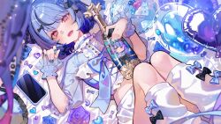 1girl alcohol aqua_nails balloon black_hair blue_bow blue_flower blue_nails blue_rose blue_shirt blunt_bangs blurry bob_cut bottle bow bow_choker bow_legwear breasts buttons cake cake_slice cat_hair_ornament cellphone champagne champagne_bottle choker collar colored_lineart commission crop_top cross-laced_clothes cross-laced_top depth_of_field doku-chan_(dokkudokudoku) fang feet_out_of_frame flower food gradient_nails hair_bow hair_ornament half-closed_eyes hands_up heart heart_balloon highres holding holding_bottle indie_virtual_youtuber knees_together_feet_apart knees_up leg_warmers light_smile lolita_fashion midriff multicolored_hair multiple_hair_bows on_bed open_mouth phone phone_with_ears pinching_sleeves pink_eyes plate purple_flower purple_hair purple_rose rose second-party_source see-through_clothes see-through_sleeves shirt skin_fang small_breasts smartphone streaked_hair three-quarter_sleeves two-tone_nails white_collar white_leg_warmers wrist_ruff