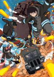 1girl 6+boys absurdres arthur_boyle barefoot bird black_hair blonde_hair blue_eyes brown_hair character_request copyright_name crow dark-skinned_male dark_skin driving dutch_angle en&#039;en_no_shouboutai fire gas_mask gloves glowing glowing_eyes highres juggernaut_(enen_no_shouboutai) mask mole_(animal) motor_vehicle multiple_boys official_art outdoors pink_eyes sharp_teeth shinra_kusakabe skateboard takeru_noto tamaki_kotatsu teeth truck uniform viktor_licht yellow_eyes