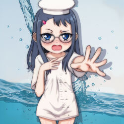 1girl angry black_hair blue_background blue_eyes blush clothes_writing collarbone flat_chest glasses graduated_cylinder-chan_(t_jiroo) hair_ornament hairclip hand_on_own_chest hat loli long_hair looking_at_viewer measuring_cylinder mortarboard open_mouth original oversized_clothes oversized_shirt personification pouring print_shirt pun raised_eyebrow reaching reaching_towards_viewer shirt short_sleeves standing t_jiroo_(ringofriend) test_tube water white_hat white_shirt