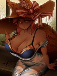 Rule 34 | 1girl, animal ears, bikini, bikini under clothes, blue bikini, bow, breasts, cleavage, closed mouth, commentary, cowboy shot, ears through headwear, elakan, english commentary, fate/grand order, fate (series), fingernails, fox ears, fox girl, fox tail, hat, hat bow, highres, large breasts, looking at viewer, pink hair, red bow, shirt, short hair, sitting, smile, solo, strap break, straw hat, striped bow, sun hat, sweat, swimsuit, t-shirt, tail, tamamo (fate), tamamo no mae (swimsuit lancer) (fate), wet, wet clothes, wet shirt, white bow, white shirt, yellow eyes