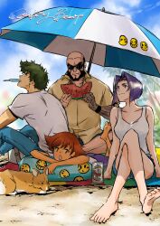 2boys 2girls :o absurdres arm_support ass bald bare_shoulders barefoot beach beach_towel beach_umbrella beard beer_can bike_shorts black_hair blue_pants blue_shorts blue_sky blunt_ends bob_cut breasts brown_dog brown_eyes can closed_mouth cloud collarbone collared_shirt copyright_name cowboy_bebop crossed_legs dark-skinned_female dark_skin denim dog drink drink_can eating edward_wong_hau_pepelu_tivrusky_iv ein_(cowboy_bebop) facial_hair faye_valentine foliage food food_bite food_in_mouth fruit full_body green_eyes green_hair hair_intakes hairband highres holding holding_food holding_fruit holding_watermelon innertube inverted_bob jeans jet_black knees_up large_breasts light_smile lying mechanical_arms messy_hair mouth_hold multiple_boys multiple_girls muscular muscular_male on_ground on_stomach open_mouth palm_tree pants pink_hairband popsicle popsicle_in_mouth purple_hair purple_shorts red_hair sand shirt short_hair short_shorts short_sleeves shorts single_mechanical_arm skirt sky sleeveless soles spike_spiegel sunglasses swim_ring t-shirt tank_top tobalin toe_scrunch toes tomboy towel tree umbrella watermelon watermelon_slice welsh_corgi white_shirt white_tank_top yellow_skirt
