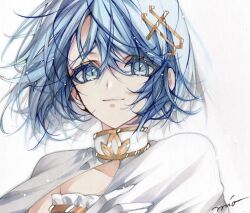 1girl blue_eyes blue_hair cape closed_mouth colored_eyelashes fortissimo hair_ornament highres light_smile mahou_shoujo_madoka_magica miki_sayaka misteor musical_note musical_note_hair_ornament portrait short_hair signature simple_background solo white_background white_cape
