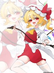 1girl asaka_haru123 back_ribbon blonde_hair collar crystal_wings fang flandre_scarlet frilled_collar frills hat hat_ribbon holding holding_weapon laevatein_(touhou) mob_cap multicolored_wings neckerchief open_mouth puffy_short_sleeves puffy_sleeves red_eyes red_ribbon red_vest ribbon short_sleeves side_ponytail smile solo thighhighs thighs touhou translation_request vest weapon white_hat white_thighhighs wings